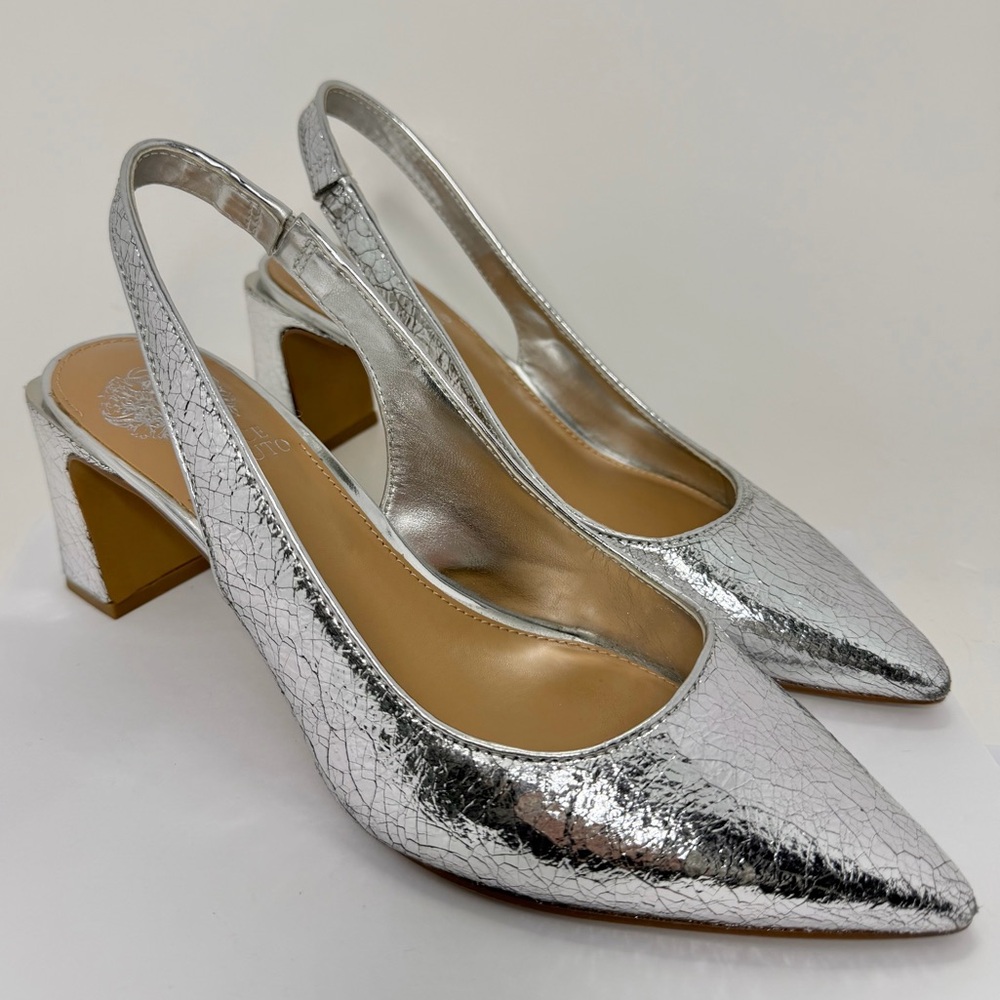 Vince Camuto Hamden Slingback Pumps Metallic Silver Pointed Toe Block Heels